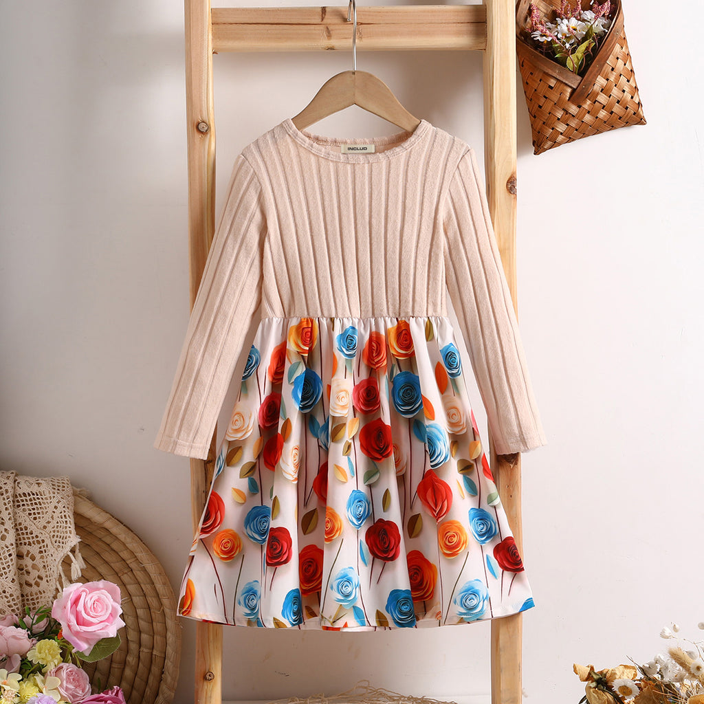 Girls Apricot Rose Printed Fit & Flare Winter Casual Dresses Casual Dresses Apricot 1-2 Y