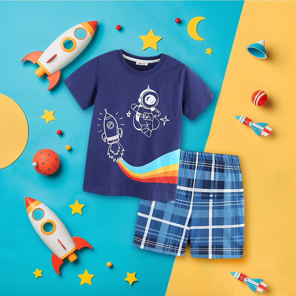 Boys Graphic Print T-Shirt With Checkered Shorts Set Sets Blue 1-2 Y 