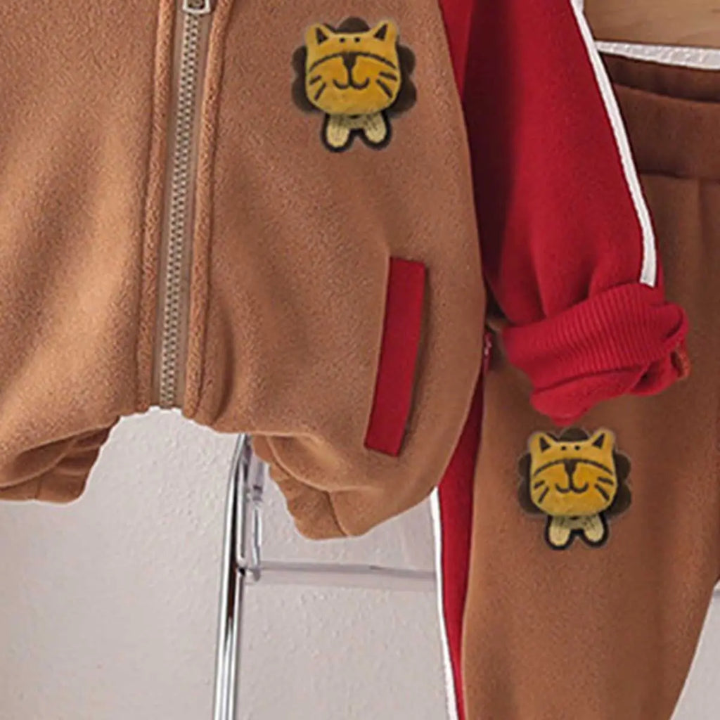 Boys Brown Color-Blocked Fleece Hooded Zipper Jacket With Jogger Co-ord Sets Sets