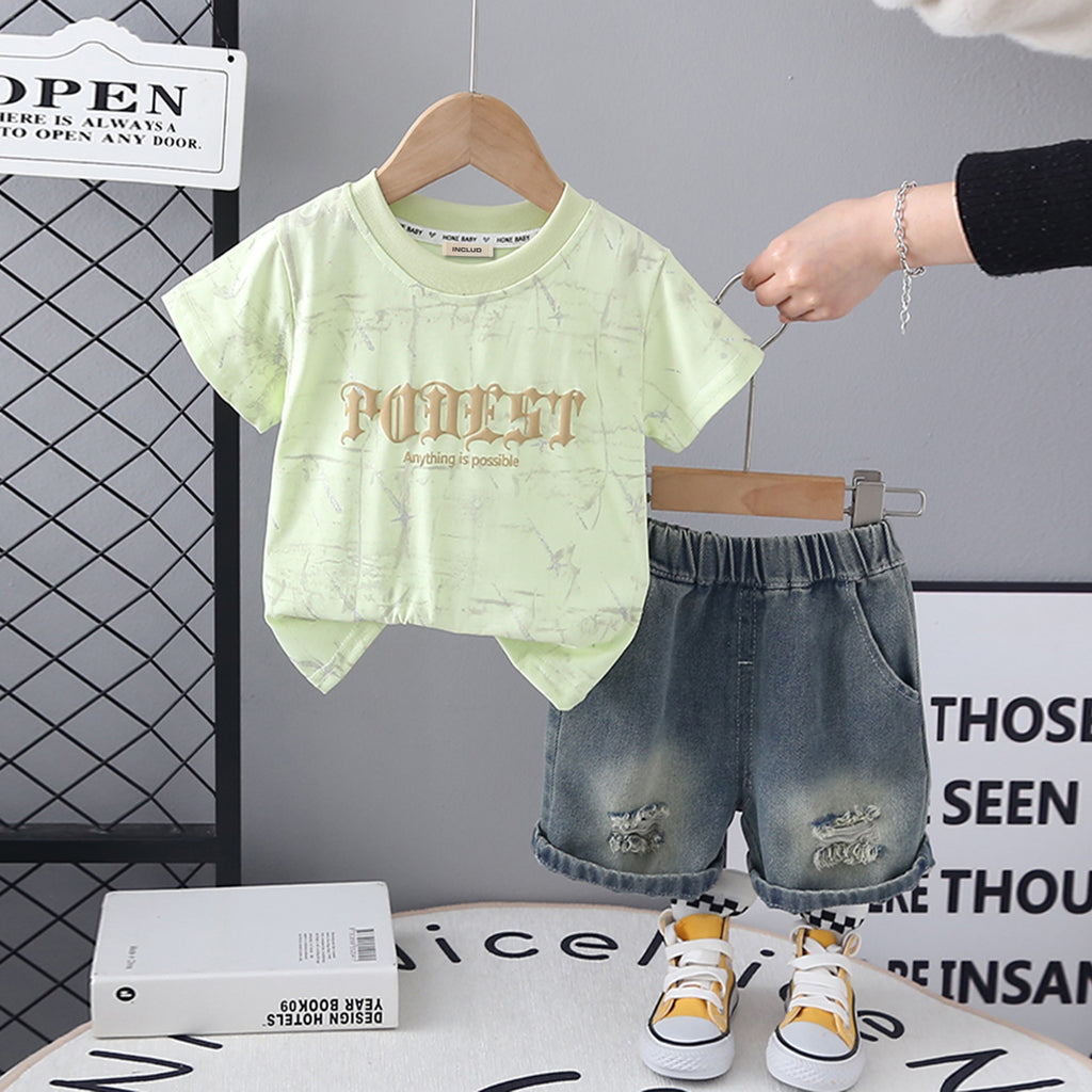 Boys Green Puff Print Short Sleeve T-Shirt With Denim Shorts Set 2 pc. Sets Green 1-2 Y