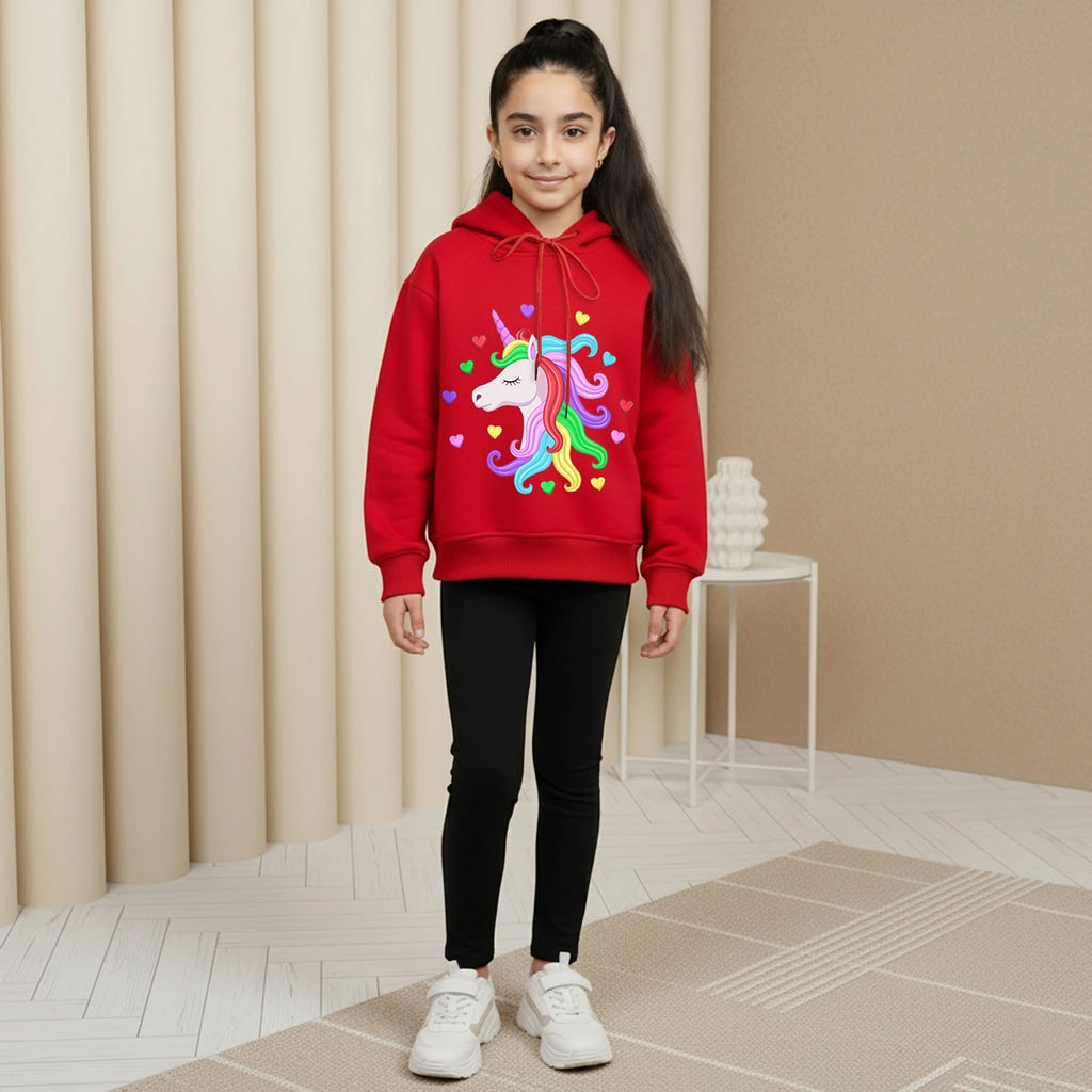 Girls Red Unicorn Heart Graphics Hooded Sweatshirt Sweatshirts & Hoodies Red 1-2 Y
