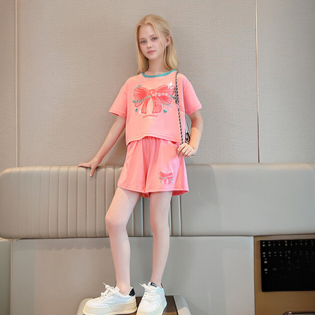Girls Pink Bow Printed Summer Top With Shorts Set 2 pc. Sets Pink 5-6 Y
