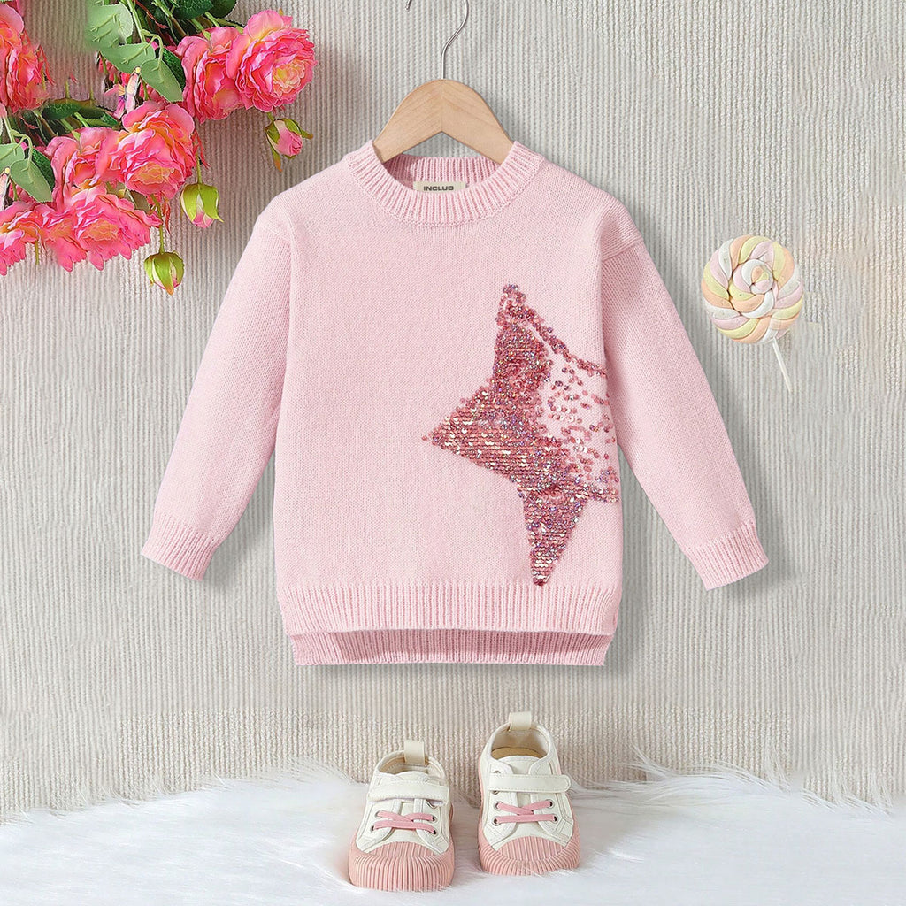 Girls Pink Star Sequins Full Sleeves Pullover Sweaters & Cardigans Pink 3-4 Y