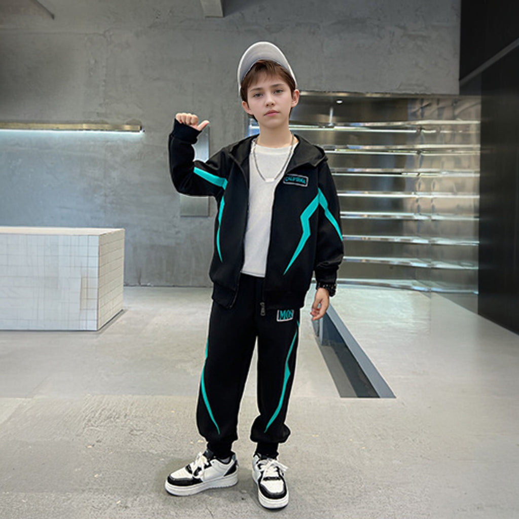 Boys Black Abstract Printed Winter Zipper Hoodie With Jogger Set 2 pc. Sets Black 5-6 Y