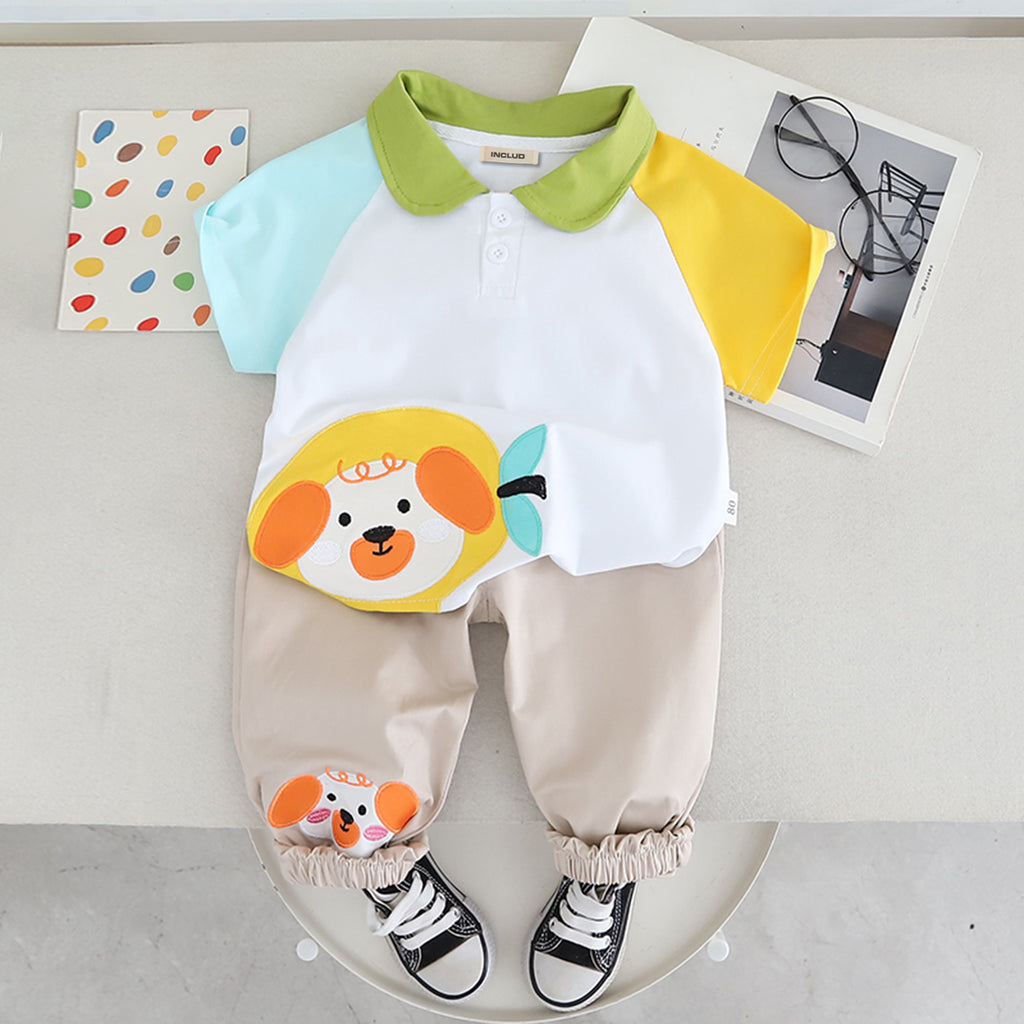 Girls Embroidered Applique Patch T-Shirt With Beige Pants Set 2 pc. Sets Beige 1-2 Y