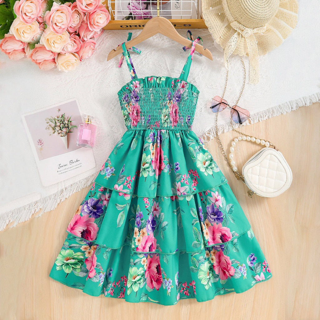 Girls Green Floral Printed Sleeveless Smocked Fit And Flared Casual Dress Casual Dresses