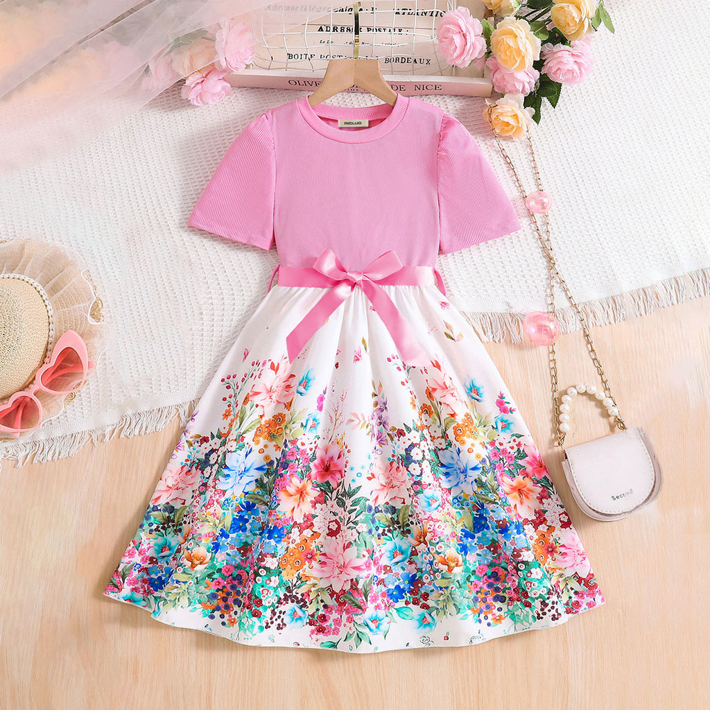 Girls Pink Floral Printed Short Sleeves Fit And Flared Dress Casual Dresses