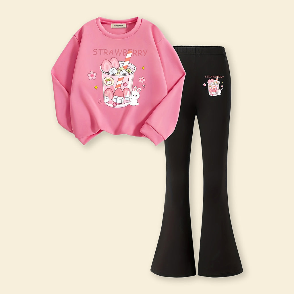 Girls Pink Strawberry Printed Sweatshirt with Flared Pants Set 2 pc. Sets Pink 7-8 Y