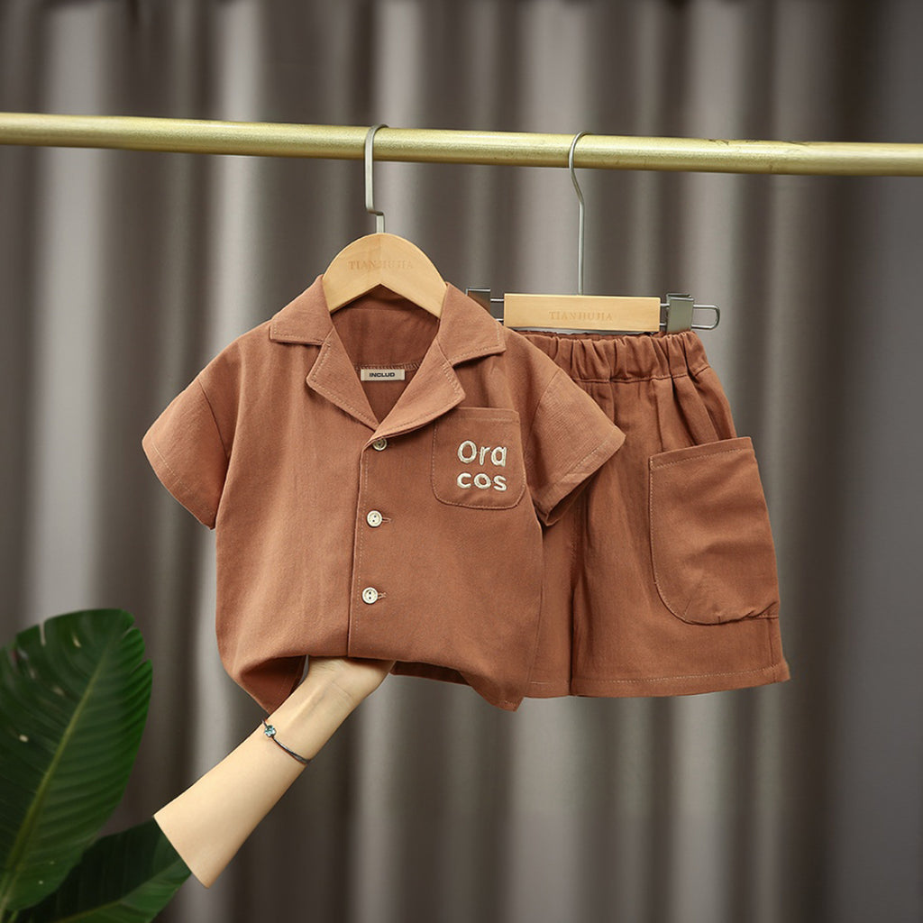 Boys Brown Short Sleeve Lapel Collar Shirt With Shorts Set 2 pc. Sets Brown 1-2 Y