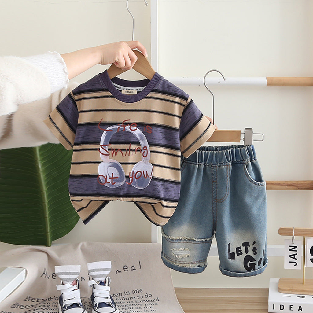 Boys Purple Headphone Graphic Stripes T-Shirt With Denim Shorts Set 2 pc. Sets Purple 1-2 Y