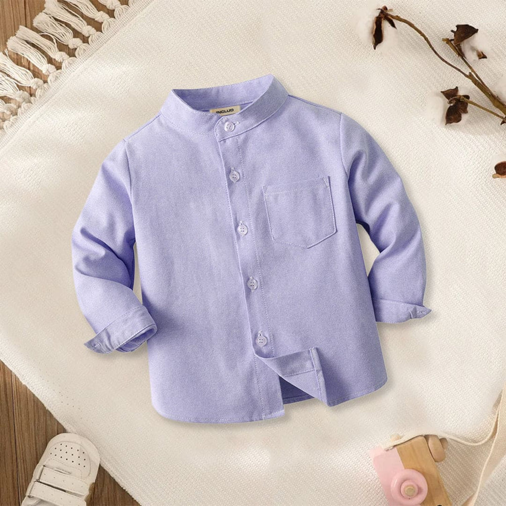 Boys Mandarin Collar Long Sleeves Shirt Shirts Purple 1-2 Y 