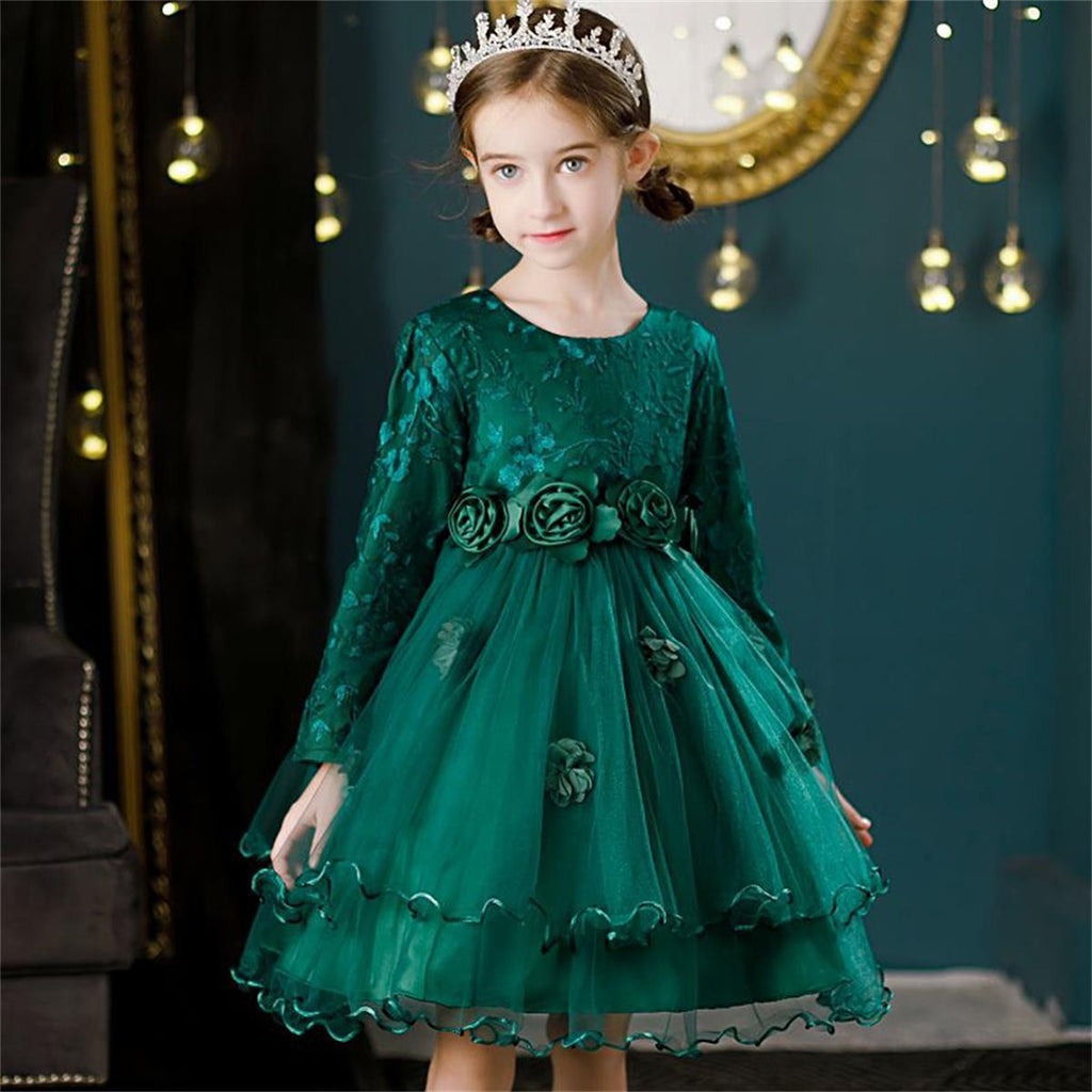 Girls Embroidered Knee Length Tutu Dress Party Dresses Green 4-5 Y 