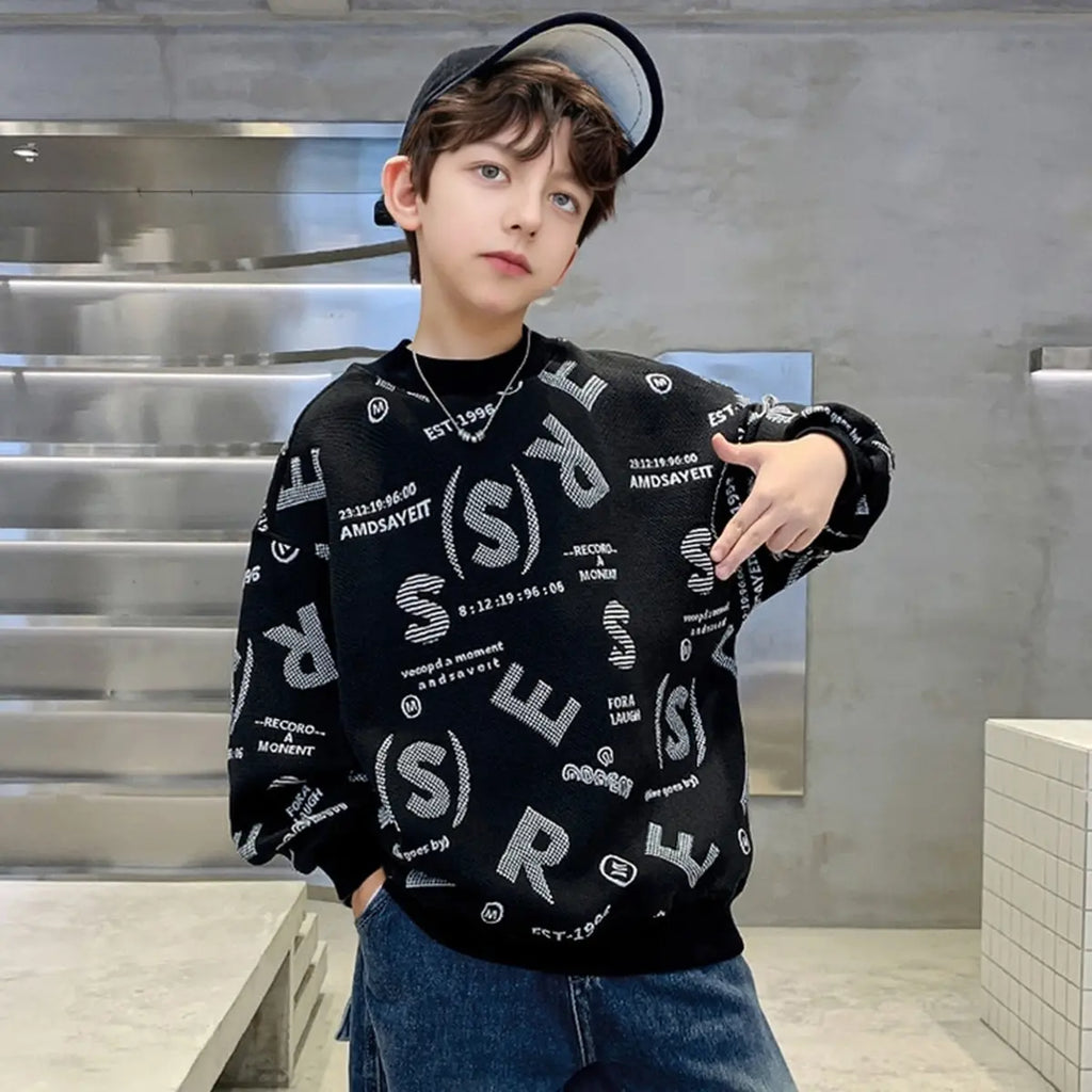 Boys Black Alphabet Printed Oversized Winter Sweatshirt Sweatshirts & Hoodies Black 5-6 Y