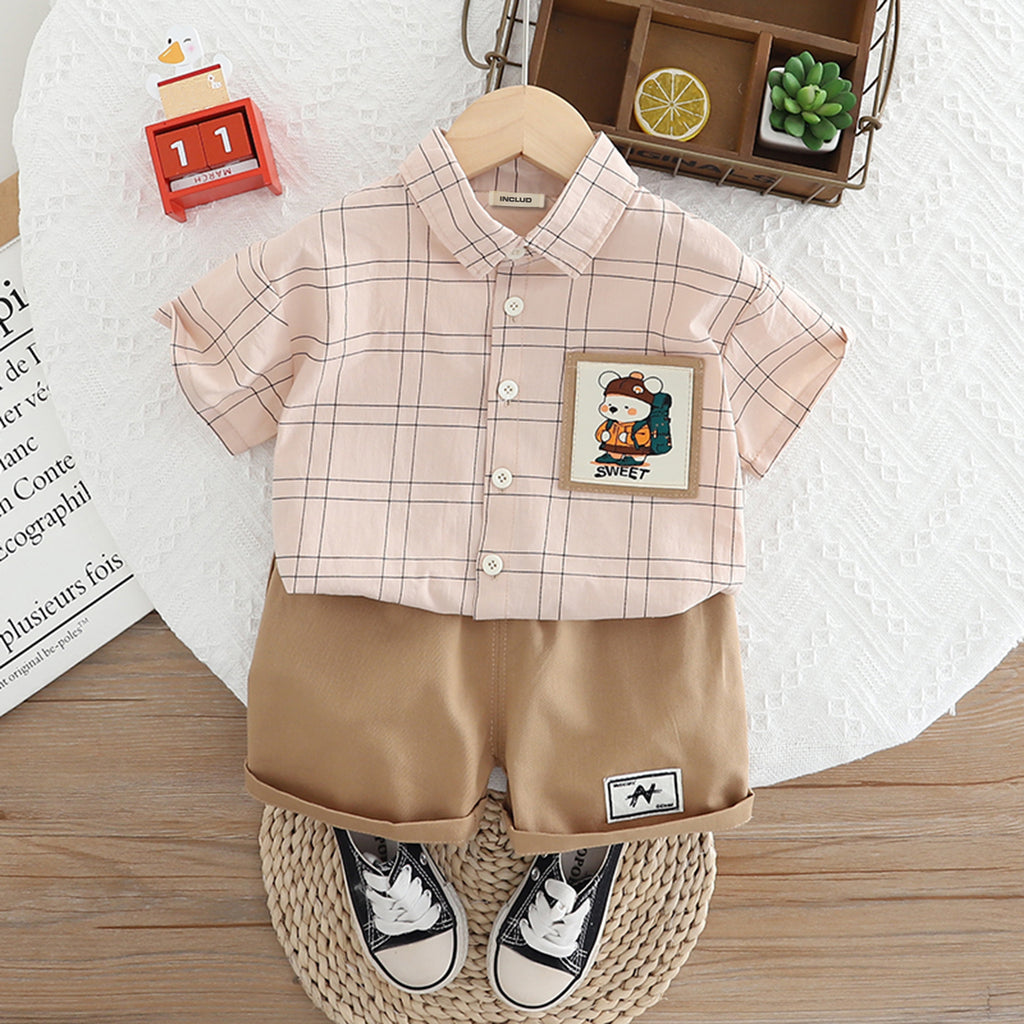 Boys Peach Checkered Short Sleeves Shirt With Shorts Set 2 pc. Sets Peach 1-2 Y