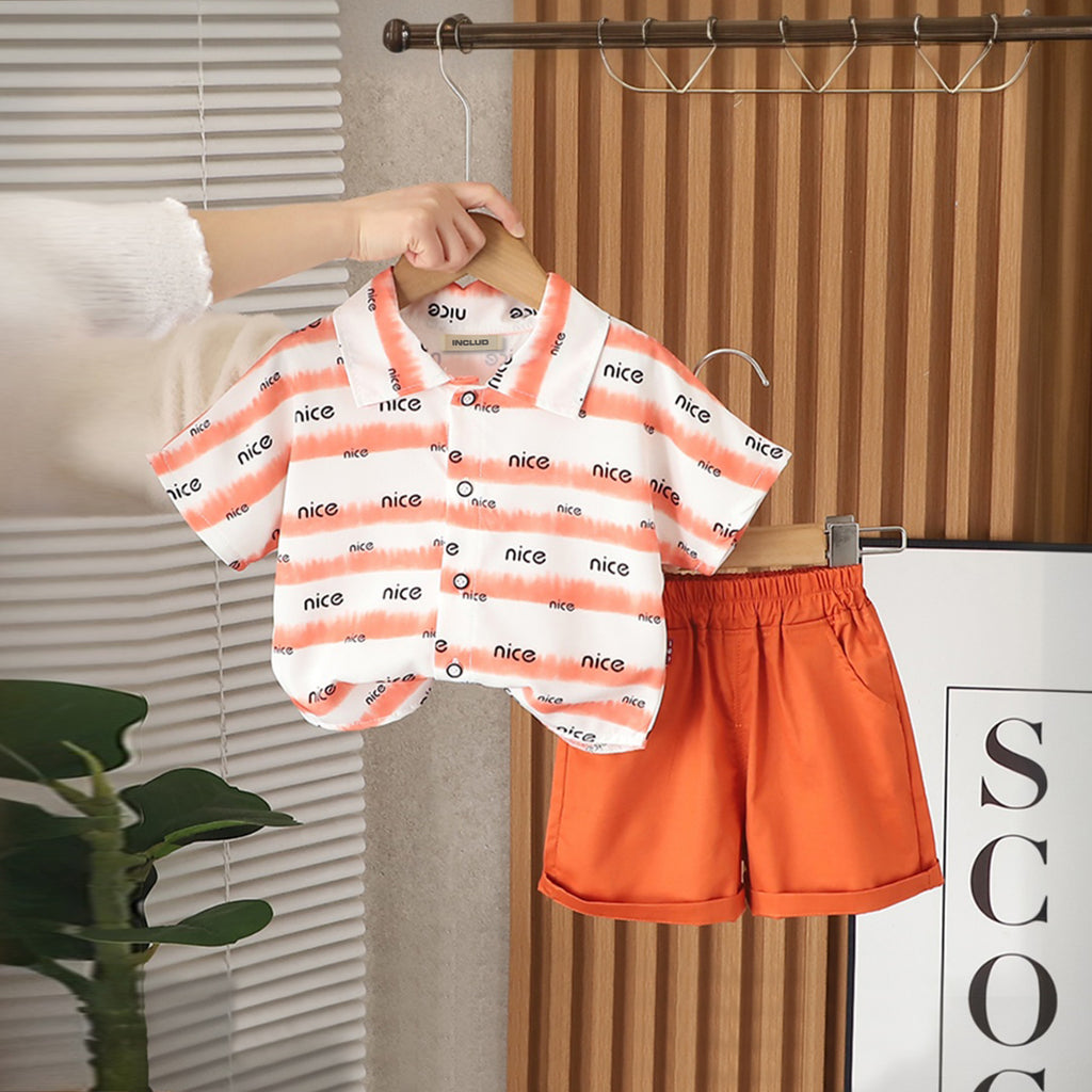 Boys Orange Striped Typographic Printed Shirt With Shorts Set 2 pc. Sets Orange 1-2 Y