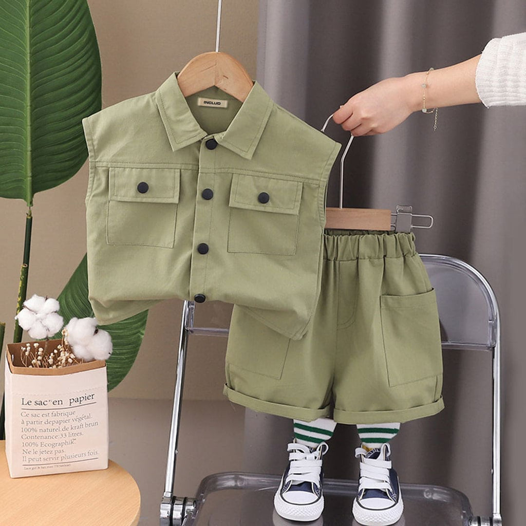 Boys Double Pocket Shirt With Elasticated Shorts 2 pc. Sets Green 1-2 Y 