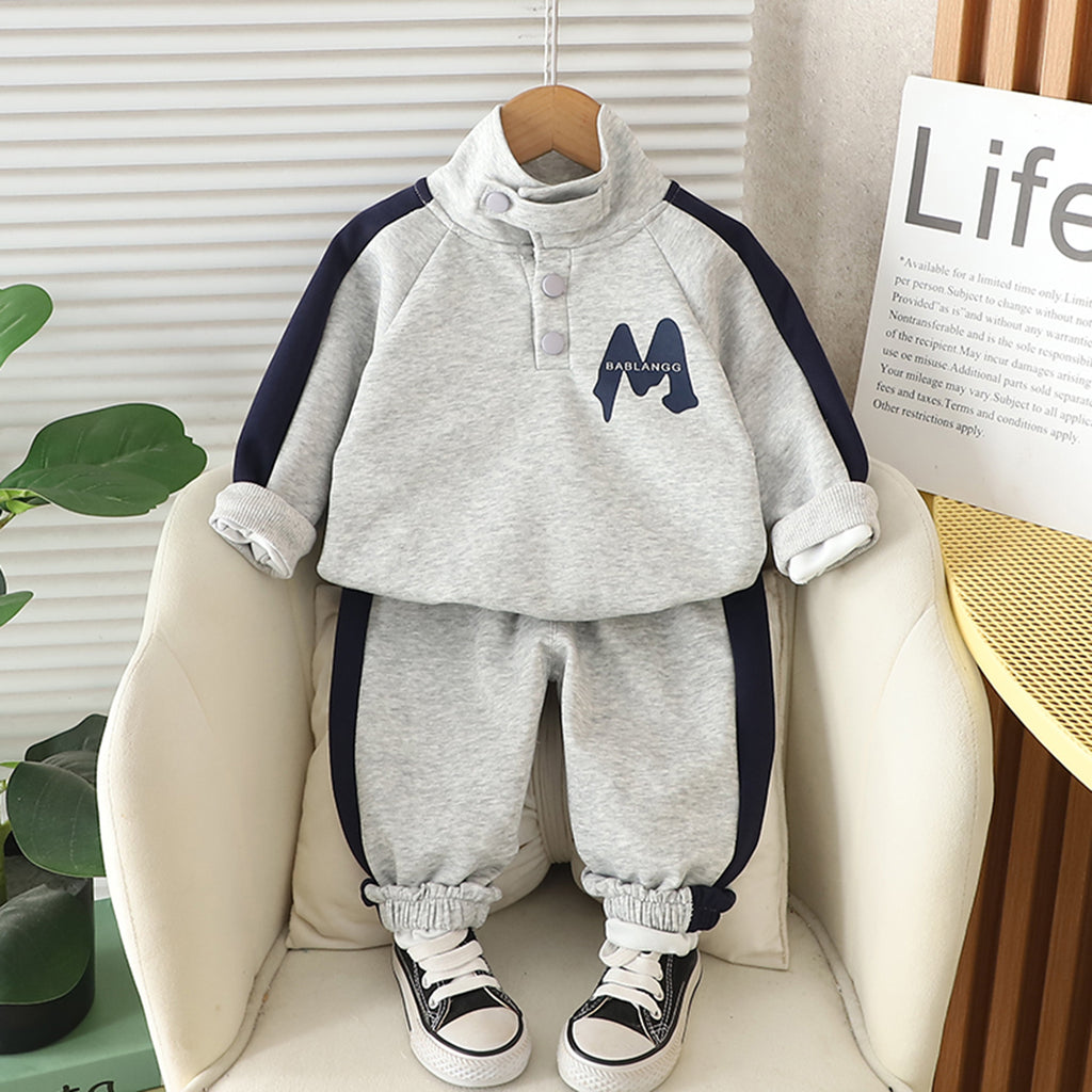 Boys Grey M Printed High Neck Sweatshirt With Jogger Set 2 pc. Sets Grey 1-2 Y