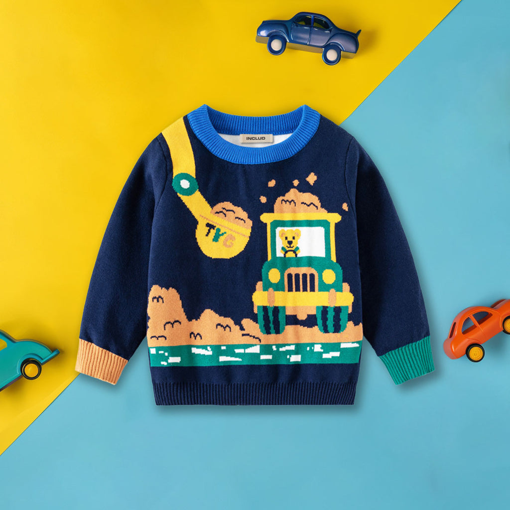 Boys Blue Regular Sweater With Self Design Jeep Patterns Sweaters & Cardigans Blue 2-3 Y