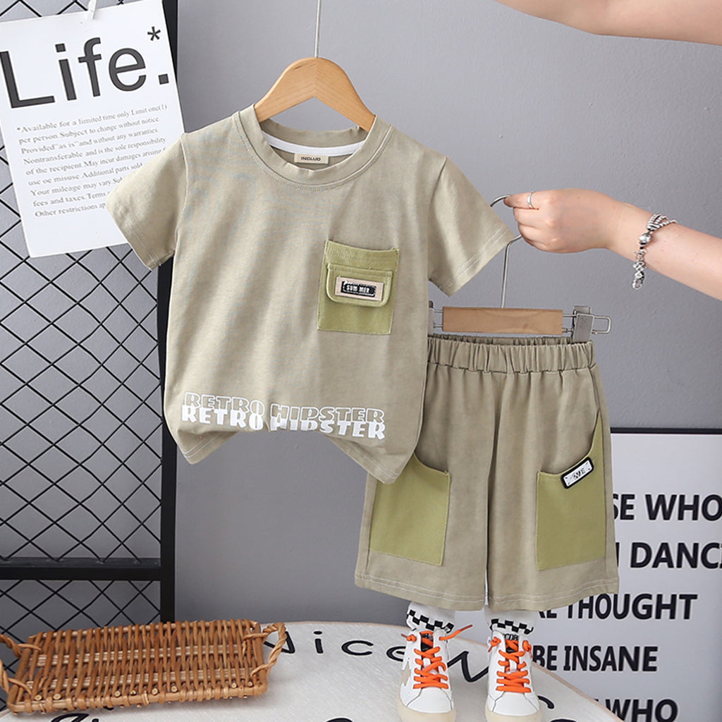 Boys Green Typographic Printed T-Shirt With Contrast Pockets Shorts Set 2 pc. Sets Green 2-3 Y