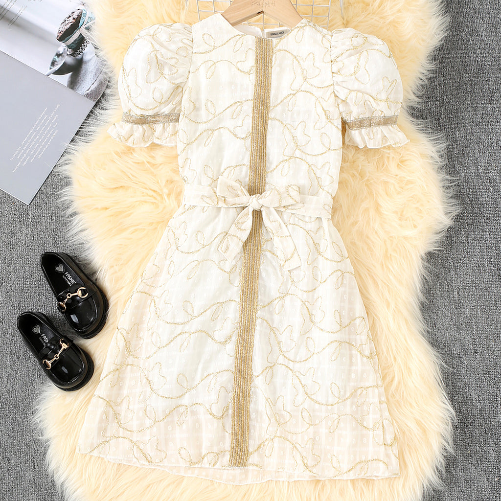 Girls White Puff Sleeve Embroidered Dress Casual Dresses White 6-7 Y