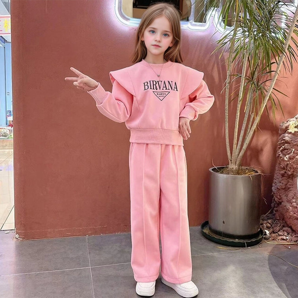 Girls Pink Typographic Printed Sweatshirt With Pants Winter Co-ord Sets 2 pc. Sets Pink 5-6 Y