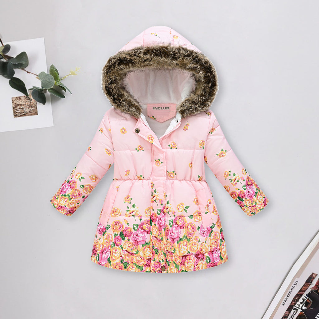 Girls Light Pink Rose Printed Hooded Puffer Jacket Coats & Jackets Light Pink 3-4 Y