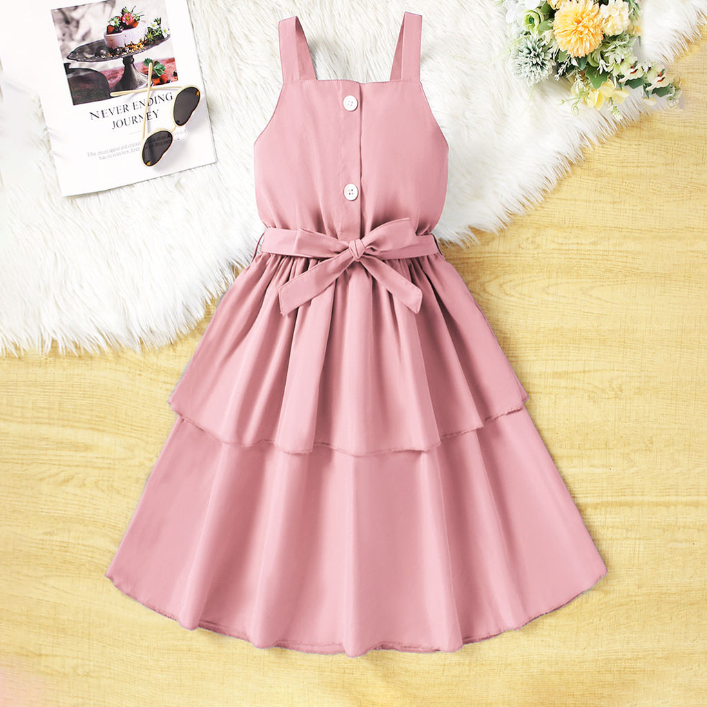 Girls Pink Sleeveless Shoulder Strap Ruffles Dress Casual Dresses Pink 7-8 Y