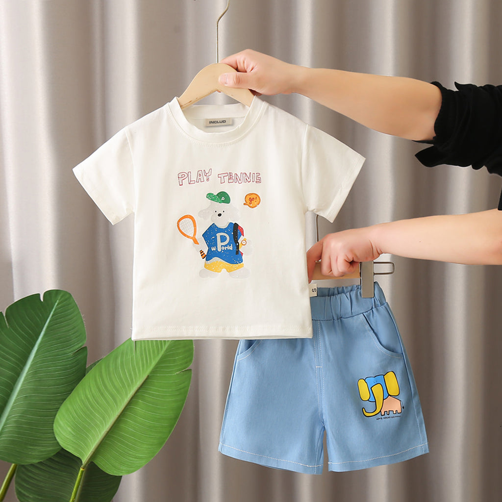 Boys Off White Printed T-shirt with Printed Denim Shorts Set Sets Off White 1-2 Y
