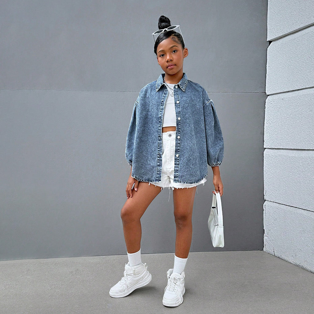 Girls Blue Denim Long Sleeves Shirts Shirts Blue 7-8 Y