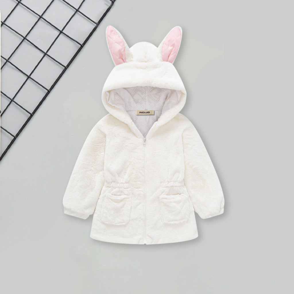 Girls White Solid Polar Fleece Ear Hooded Jacket Coats & Jackets White 1-2 Y