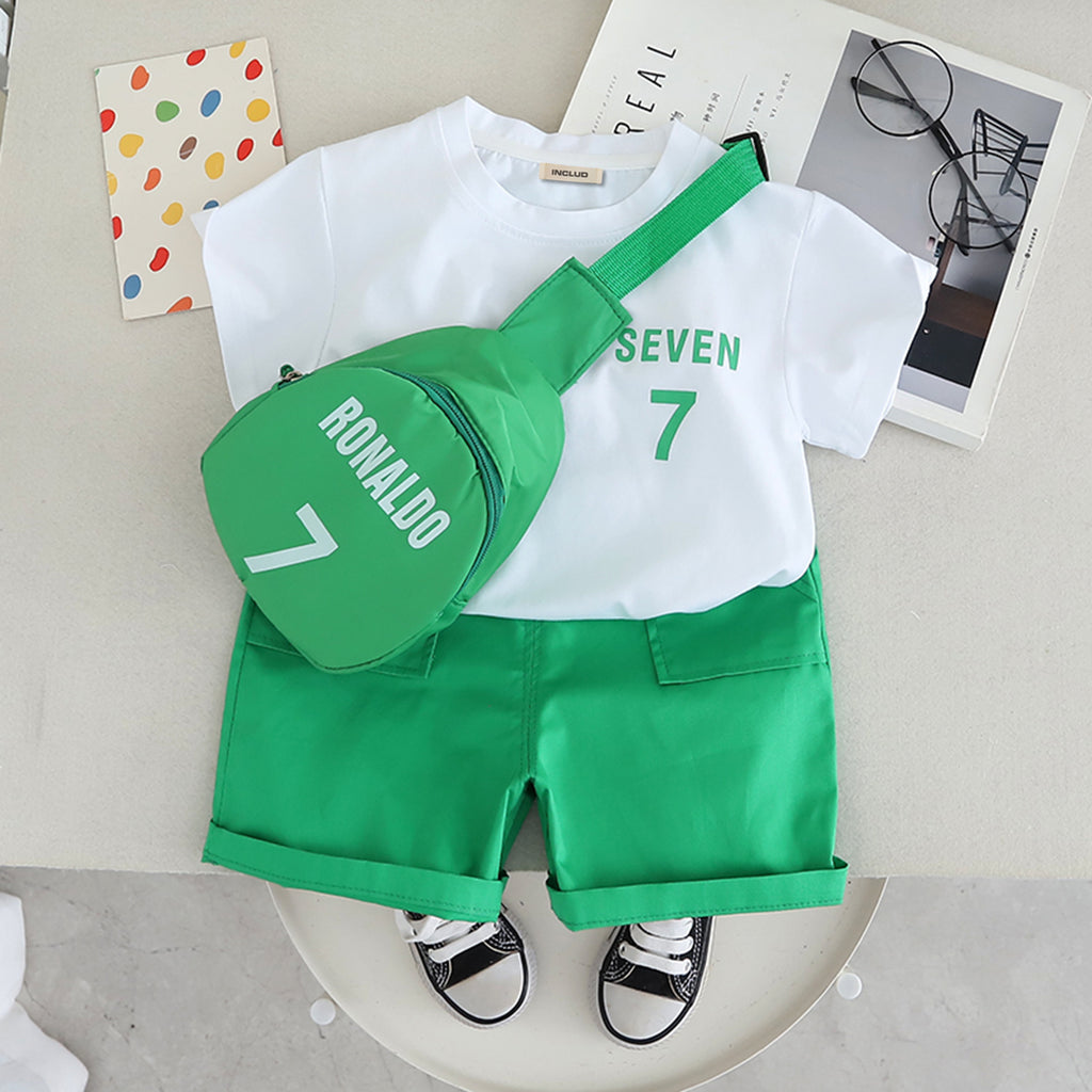 Boys Printed Short Sleeves T-Shirt With Green Shorts And Bag Pack Set 3 pc. Sets Green 1-2 Y