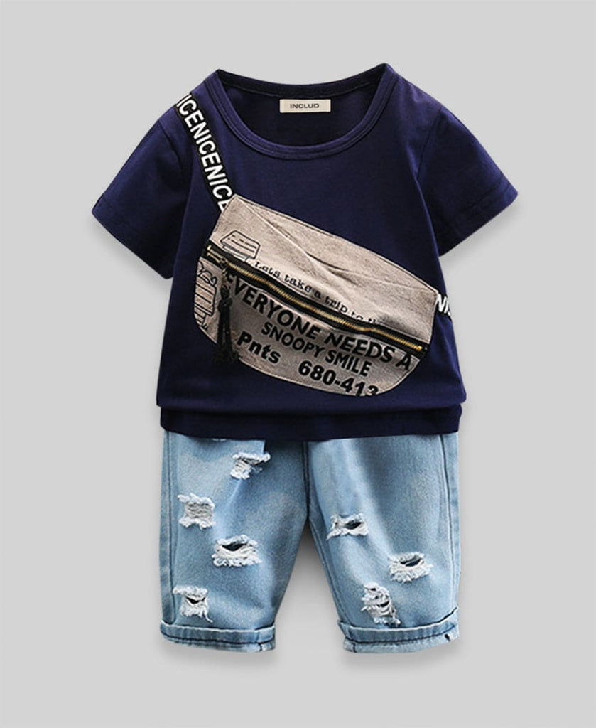 Boys Navy Sling Bag Print Tshirt with Distressed Denim Bermuda Sets Navy 1-2 Y 