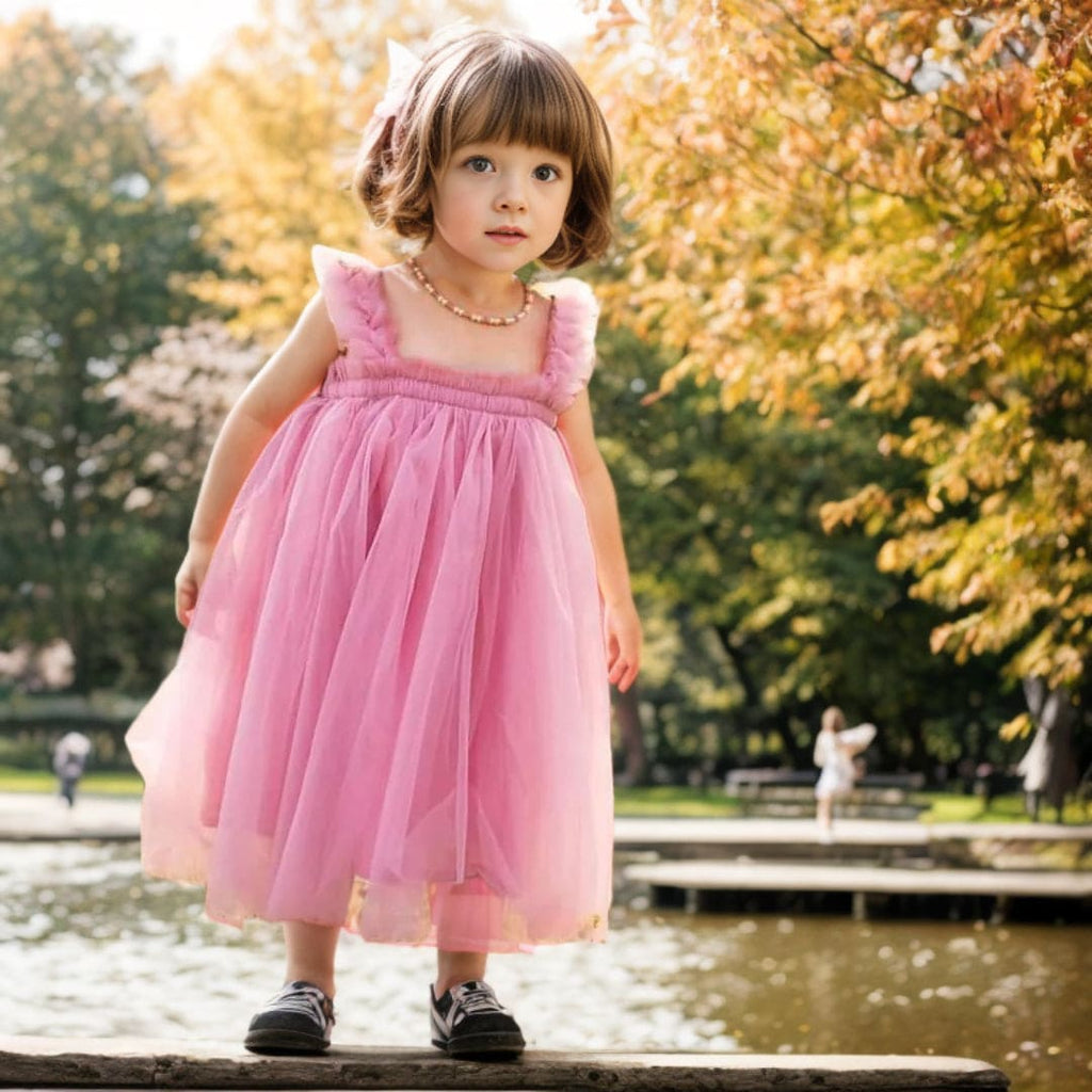 Girls Mesh Dress with Butterfly Applique Casual Dresses Pink 1-2 Y 