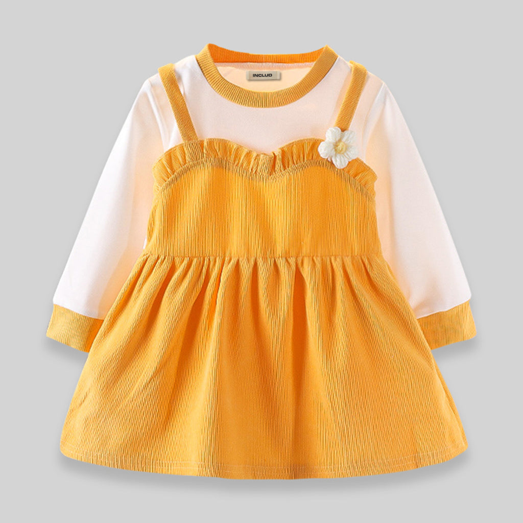 Girls Round Neck Self Design Cuffed Sleeves Maxi Casual Dresses Yellow 1-2 Y