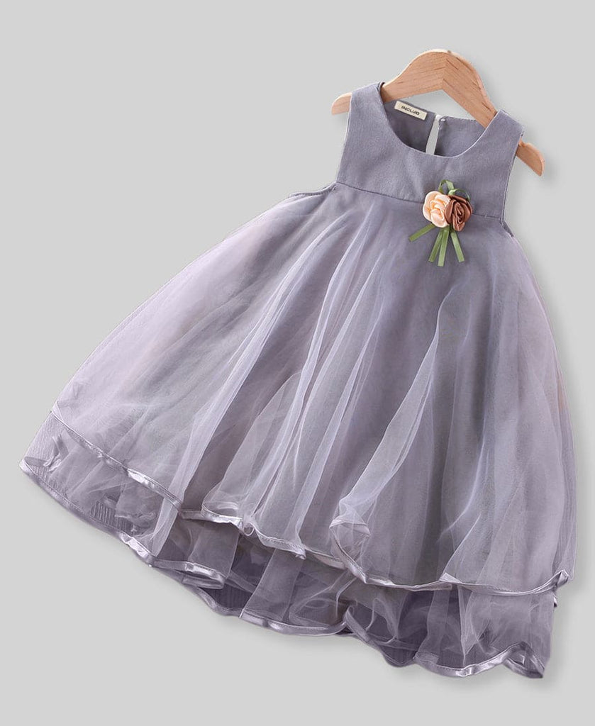 Girls Tulle Overlay Dress with Flower Applique Casual Dresses Grey 1-2 Y 