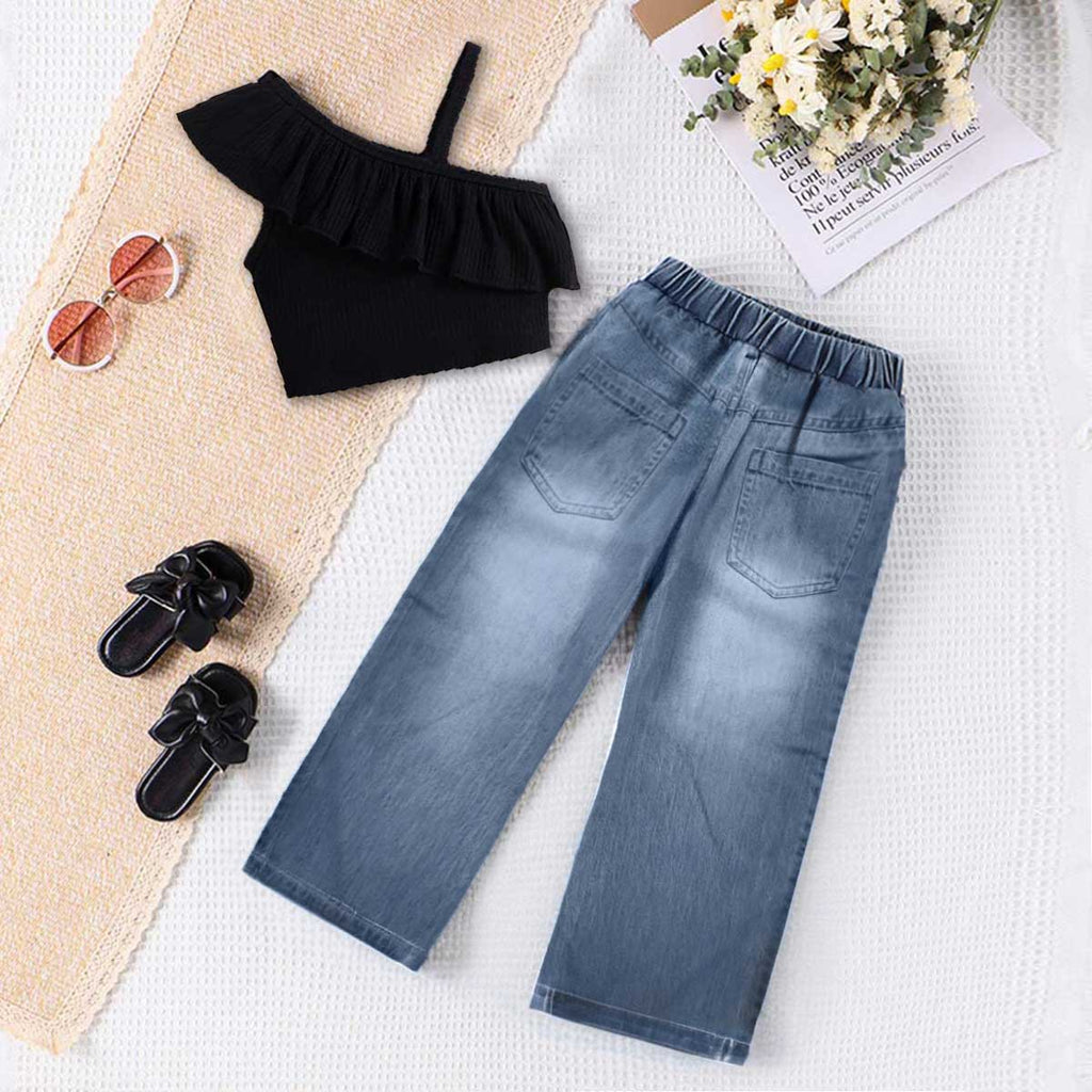 Girls One Shoulder Crop Top With Flared Jeans Set Sets Black 2-3 Y