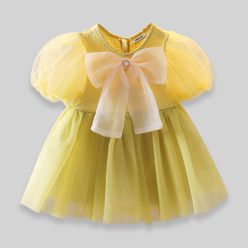Girls Dress with Puffed Sleeves and Bow Casual Dresses Green 1-2 Y 
