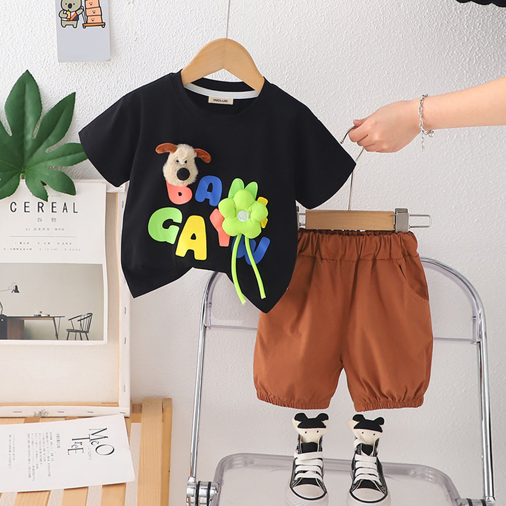 Boys Black Flower Applique Short Sleeves T-Shirt With Shorts Set 2 pc. Sets Black 1-2 Y