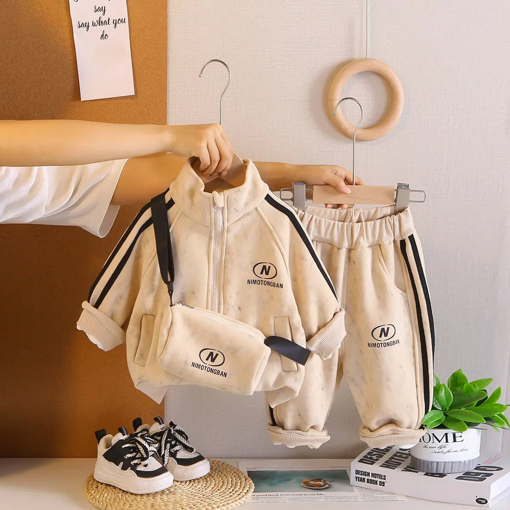 Boys Beige Two Side Stripes Zip-up Jacket With Jogger Co-ord Sets Sets Beige 2-3 Y