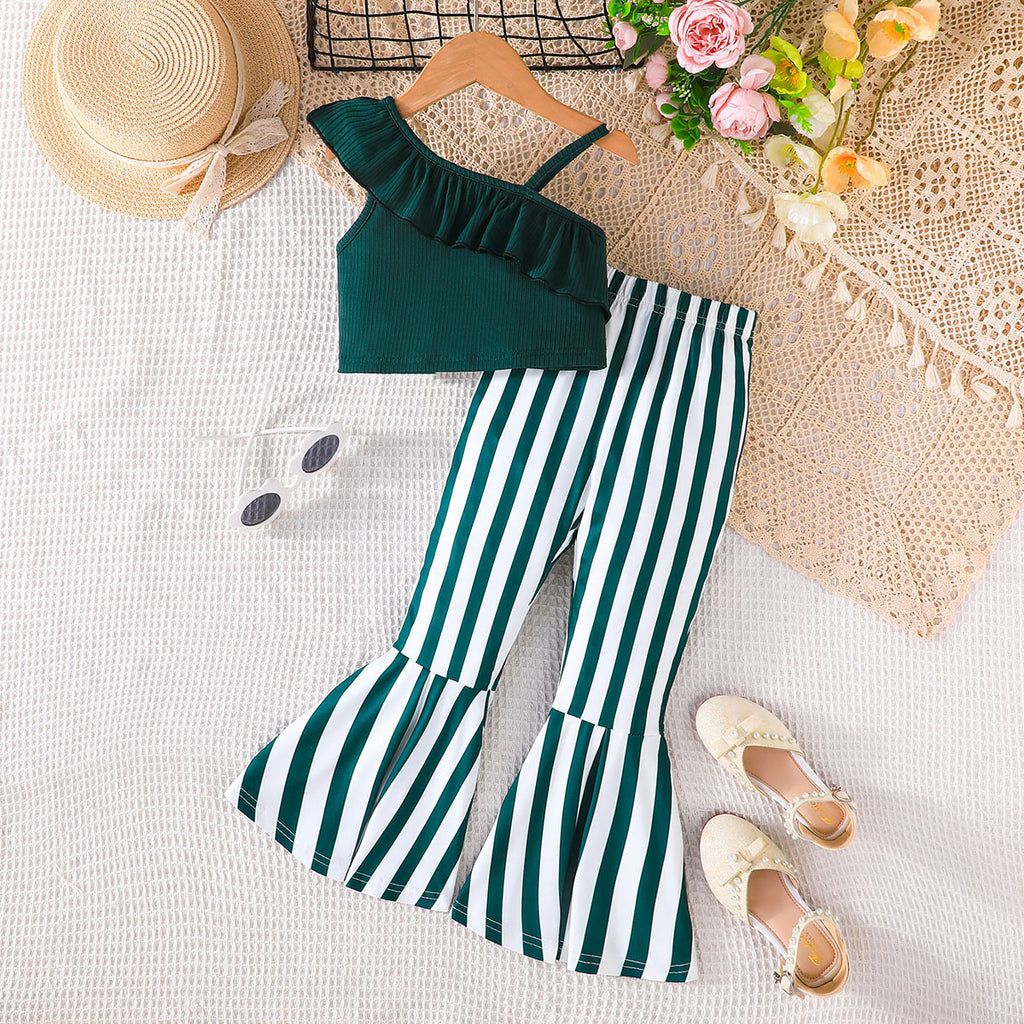 Girls Green One Shoulder Crop Top With Striped Pants Set 2 pc. Sets Green 3-4 Y