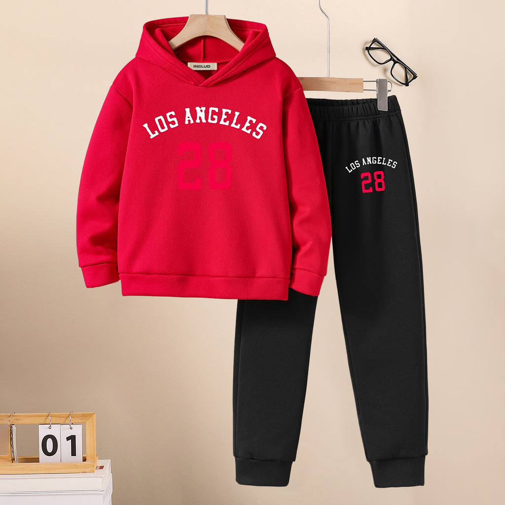 Boys Red Printed Hooded Sweatshirt with Joggers Set Sets Red 5-6 Y