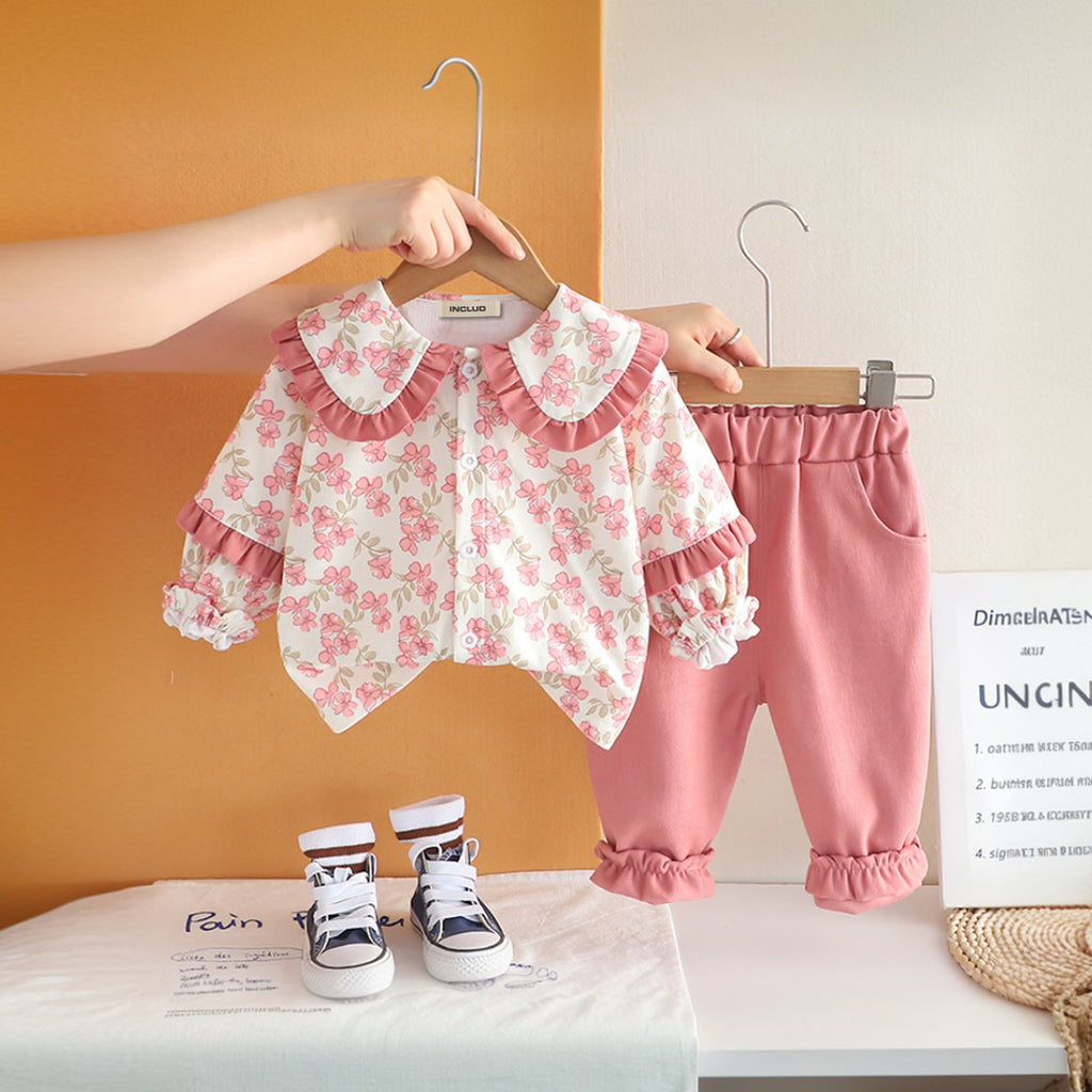 Girls Pink Floral Printed Long Sleeves Top With Pants Set 2 pc. Sets Pink 1-2 Y