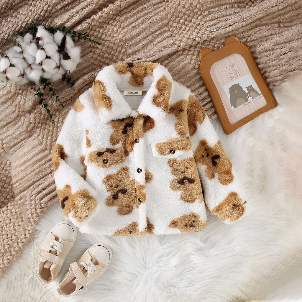 Boys White Long Sleeves Jacket With Self-Design Bear Patterns Coats & Jackets White 3-4 Y