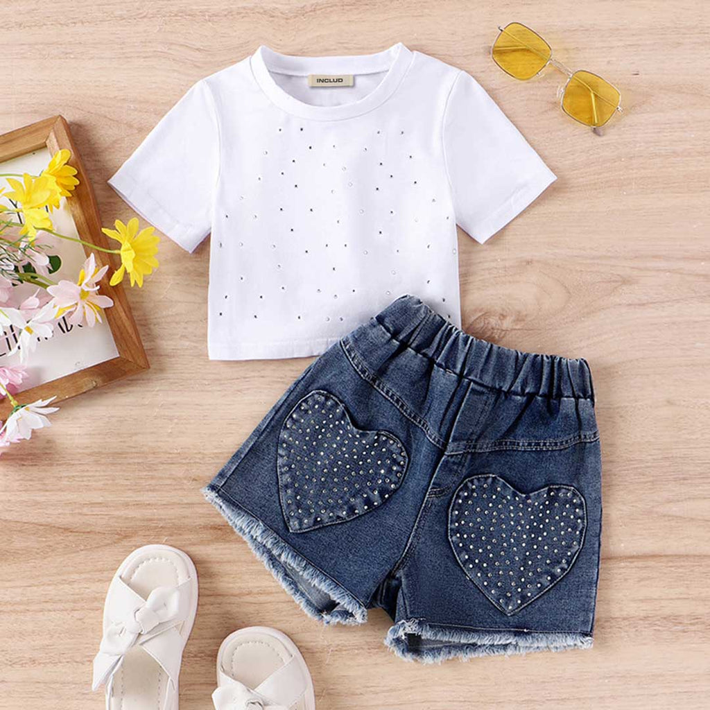 Girls Short Sleeve Top With Heart Shape Pocket Shorts Set 2 pc. Sets White 4-5 Y 