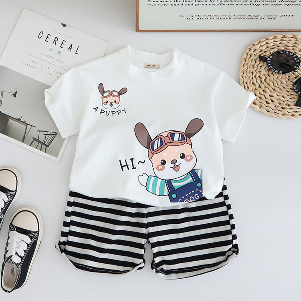 Boys White Cartoon Graphic T-Shirt With Striped Shorts Set 2 pc. Sets White 1-2 Y