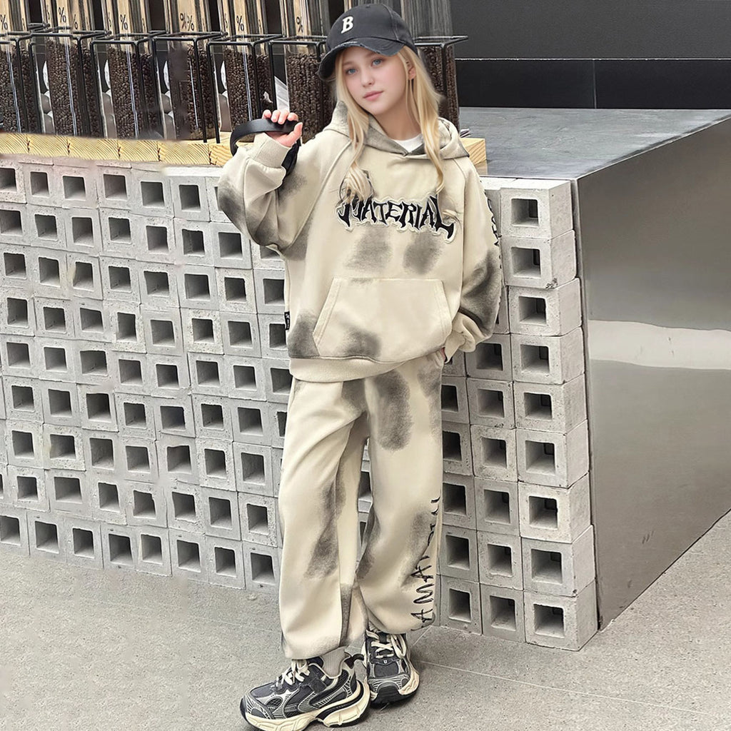 Girls Apricot Abstract Printed Hooded Neck Sweatshirt With Pants Winter Co-ord Set 2 pc. Sets Apricot 5-6 Y