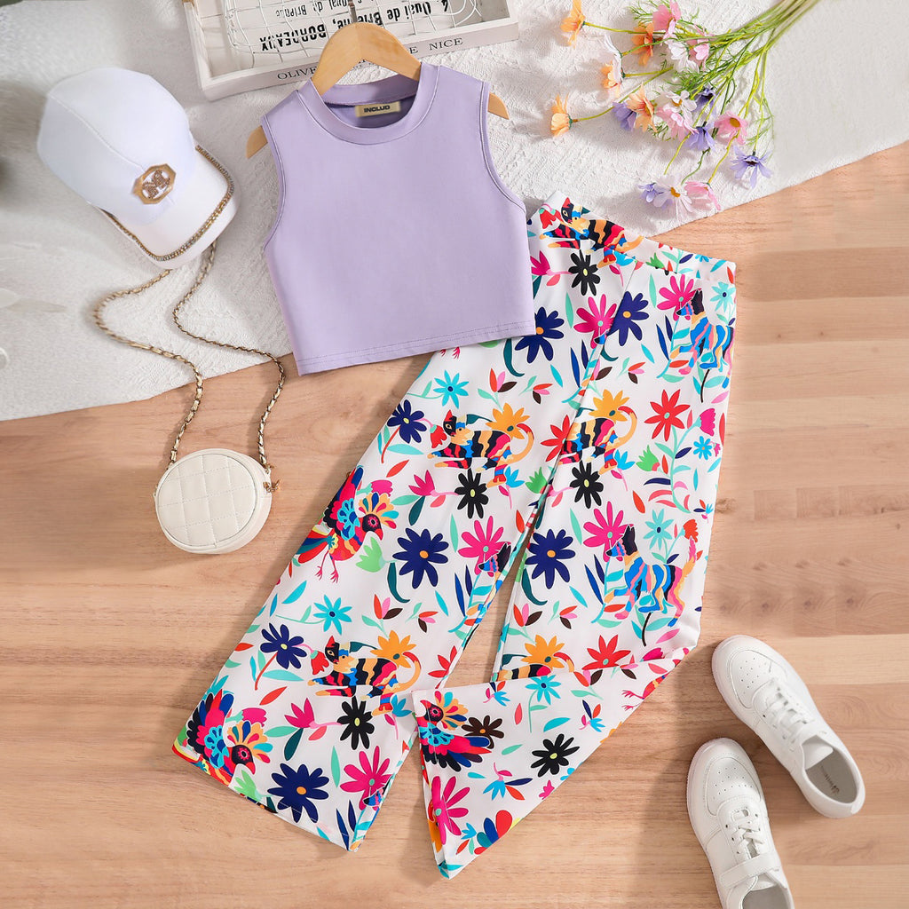 Girls Purple Sleeveless Tank Top With Floral Printed Pant Set 2 pc. Sets Purple 7-8 Y
