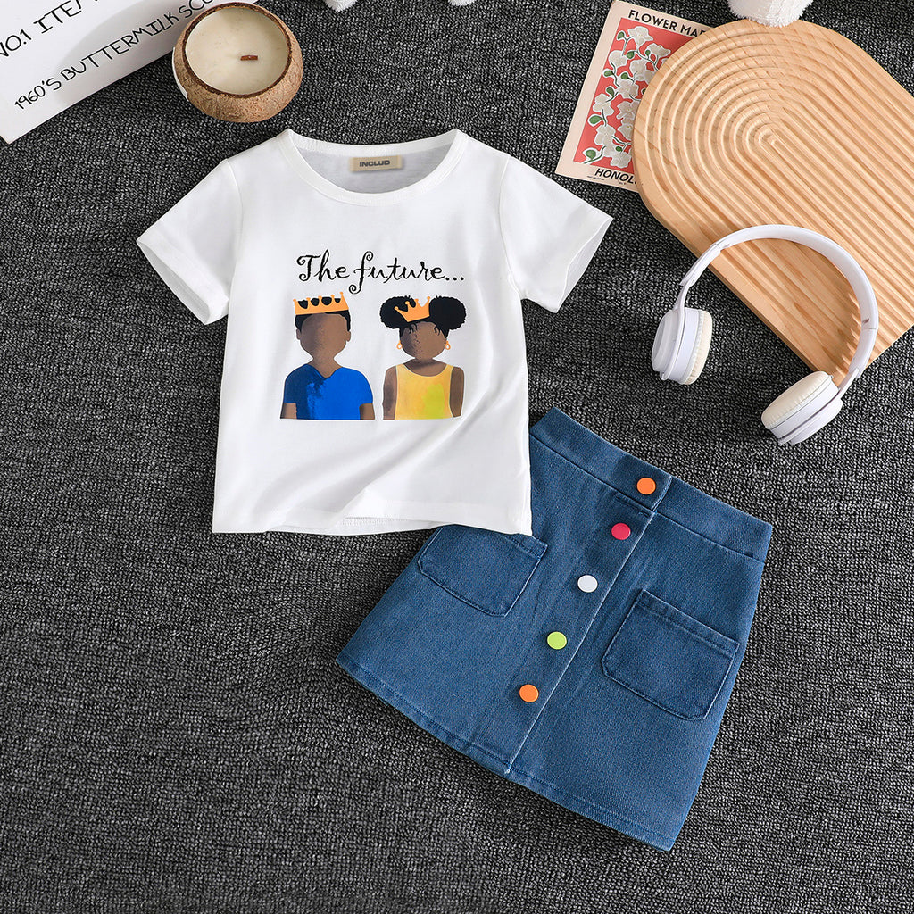 Girls White Printed T-shirt with Denim Pencil Skirt Set Sets White 3-4 Y
