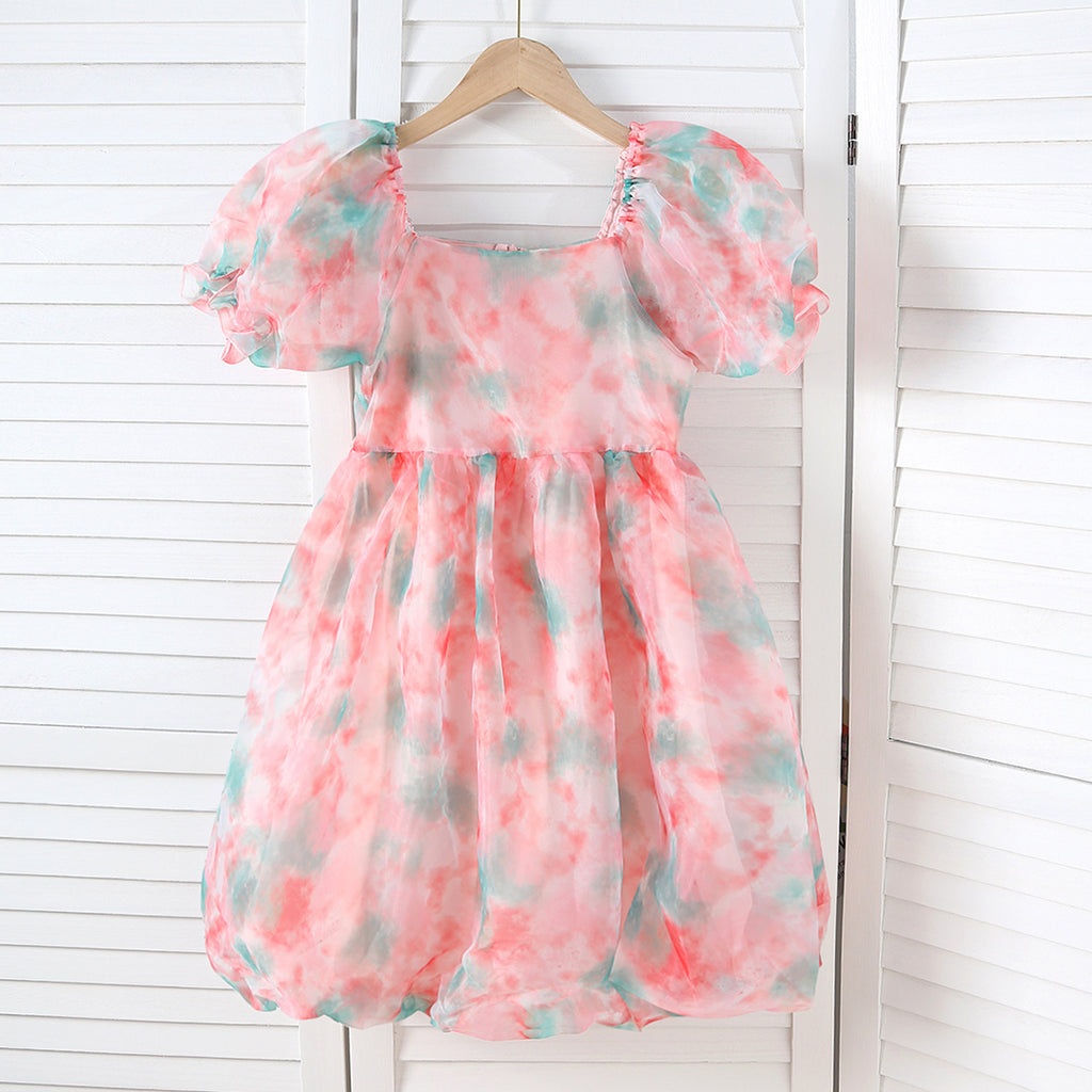 Girls Peach Puff Sleeve Square Neck Balloon Dress Casual Dresses Peach 7-8 Y