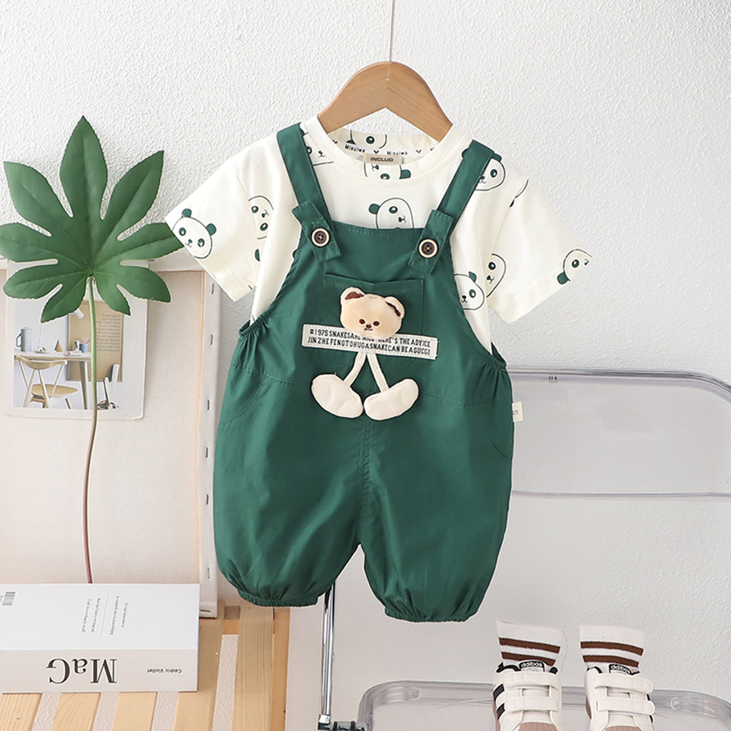 Boys Panda Printed T-Shirt With Green Dungaree Set 2 pc. Sets Green 1-2 Y